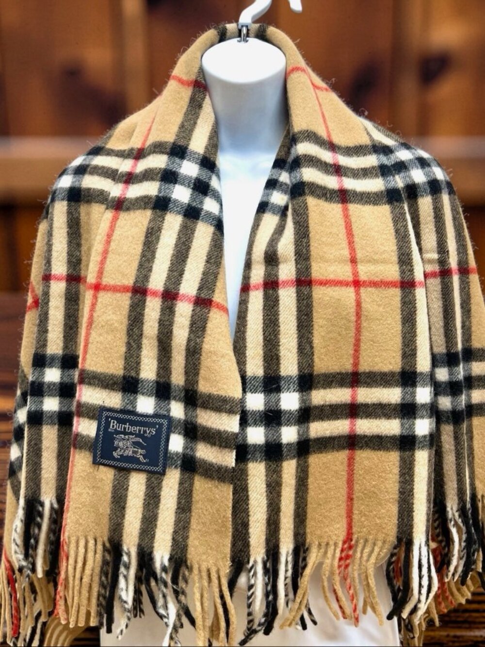 Vgt. Burberrys Scarf/Wrap  WOOL  Lg 54x33" gold gray red check  Fringed  (16